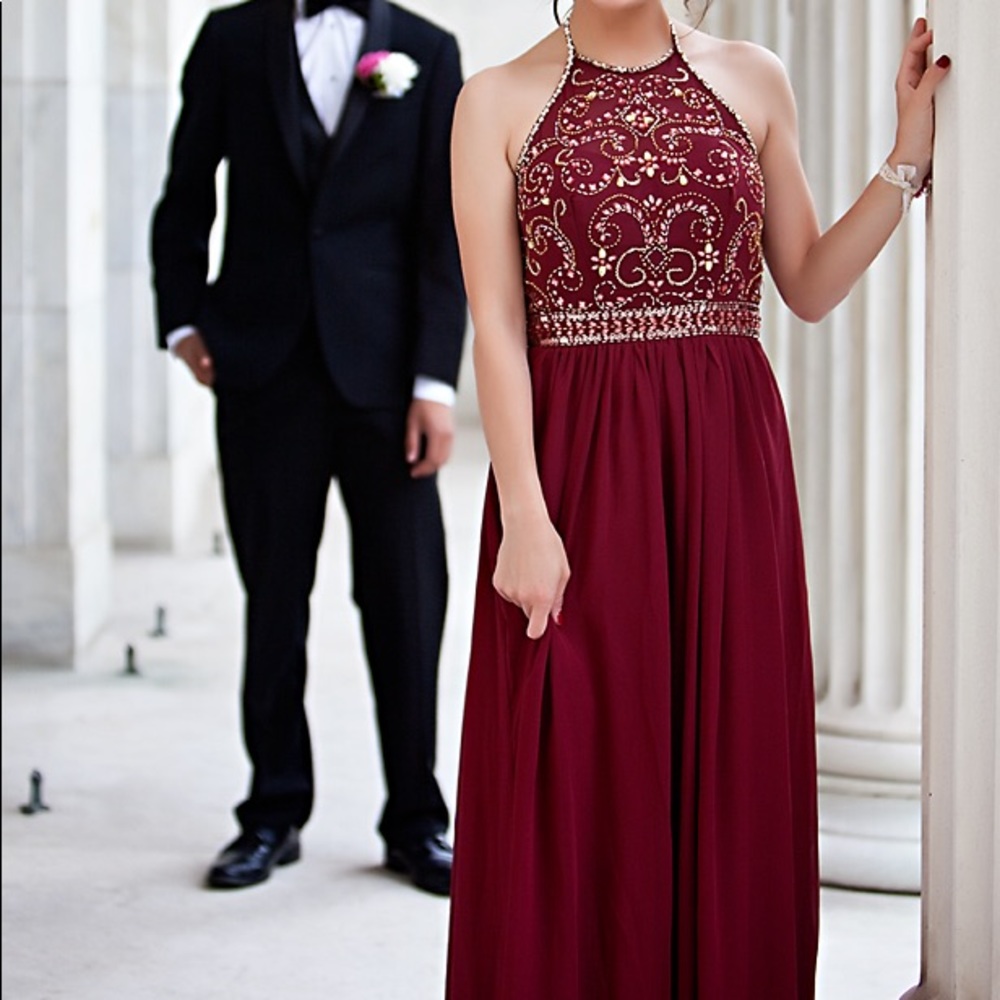Crimson red beaded prom dress
